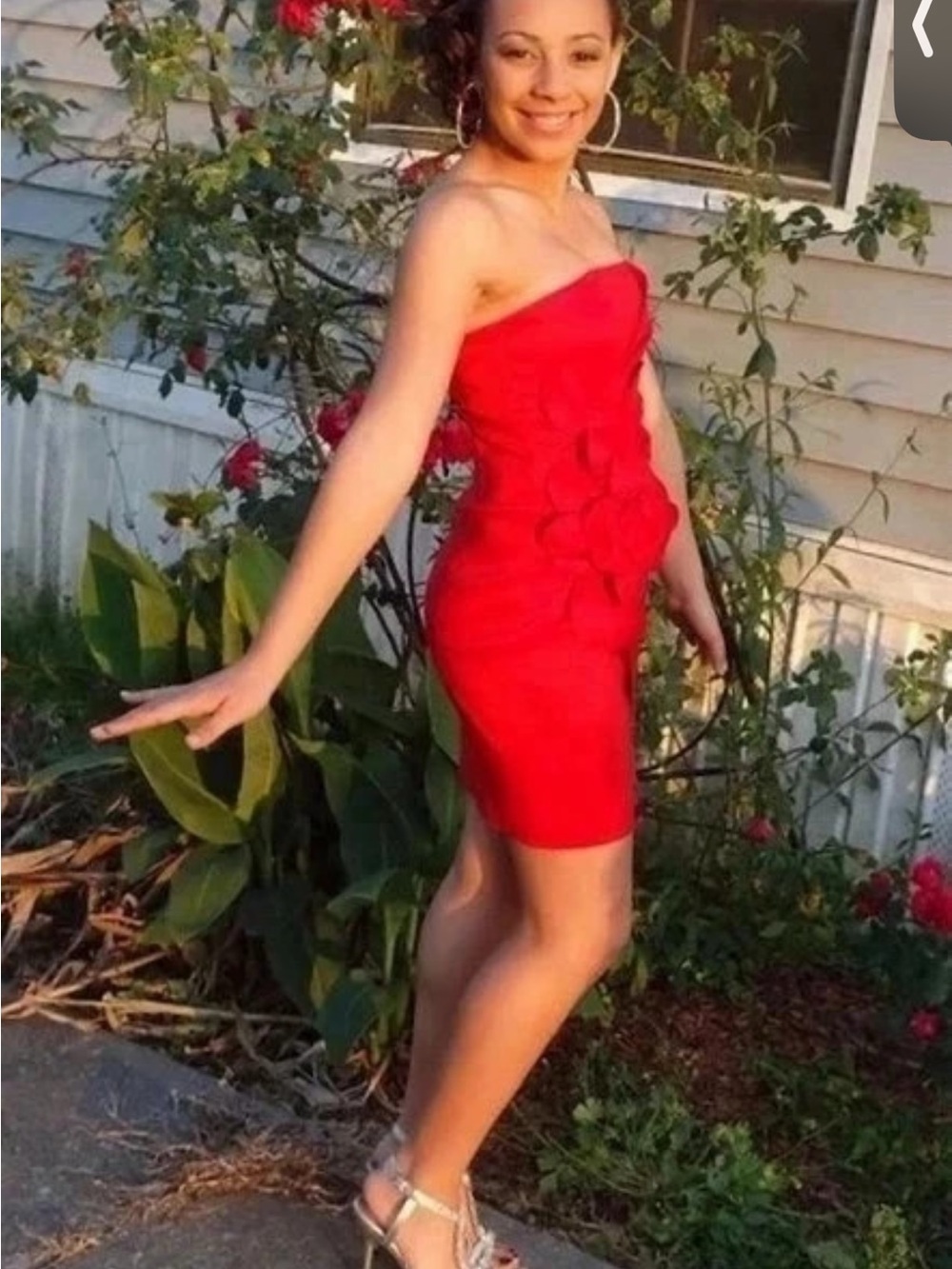 Jessica McClintock Strapless Red Cocktail Dress with Floral Appliqué